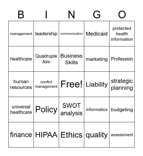 Intro to HSM/ Health Professions Bingo Card