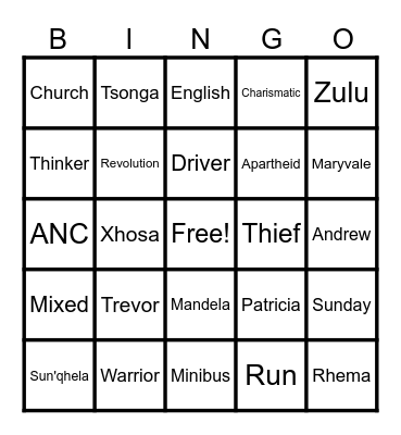 Born A Crime Chapter 1 Bingo Card