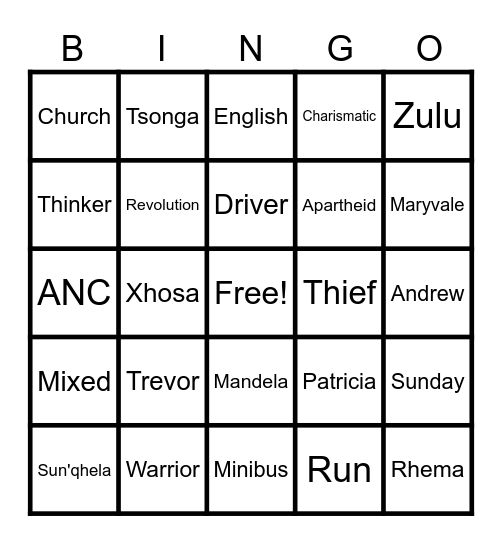 Born A Crime Chapter 1 Bingo Card