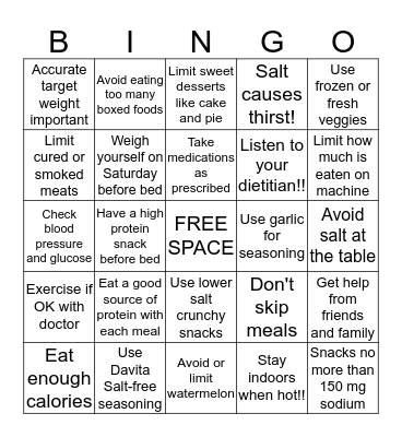 FLUID AND PROTEIN BINGO Card