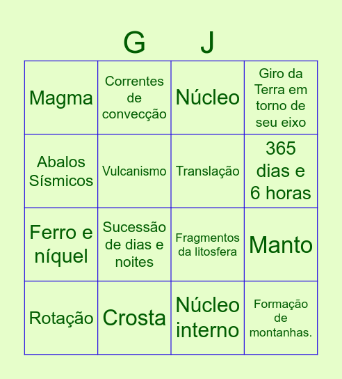 Camadas e Movimentos da Terra Bingo Card