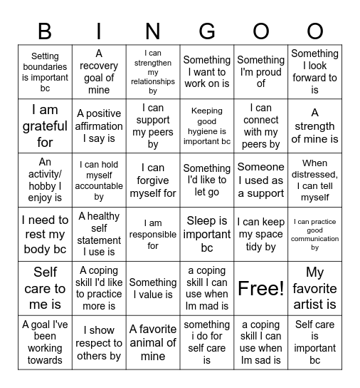 Life Skills Bingo Card