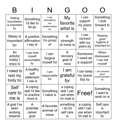 Life Skills Bingo Card