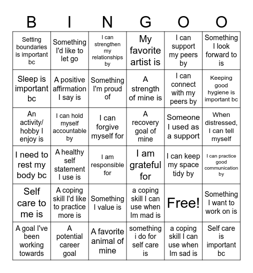 Life Skills Bingo Card