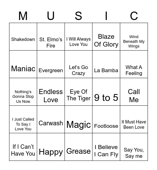 Movie Songs Bingo Card