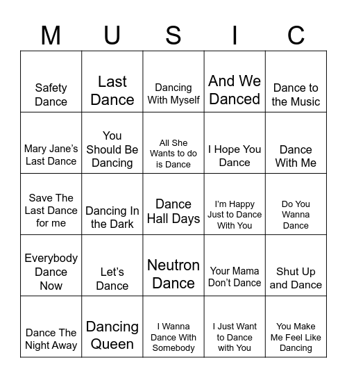 Dance Dance Dance Bingo Card