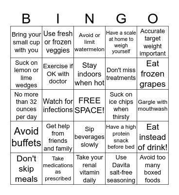 FLUID AND PROTEIN BINGO Card