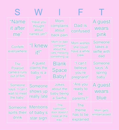 Swiftie Gender Reveal Bingo (SWIFT) Bingo Card