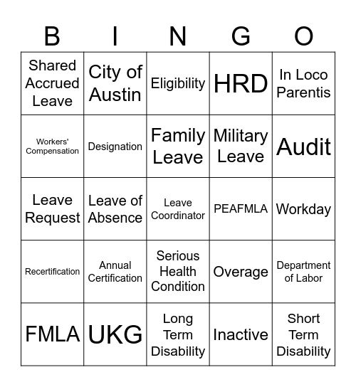 Leave Coordinator Bingo Card