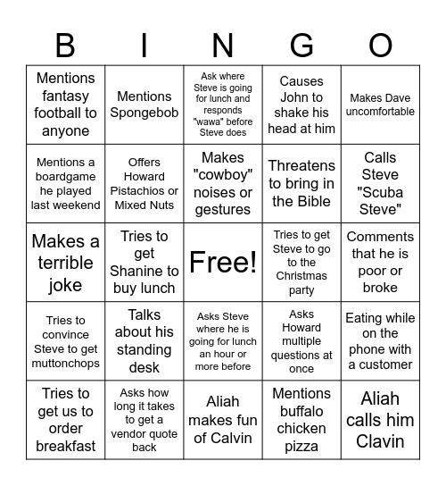 Calvin Bingo Card