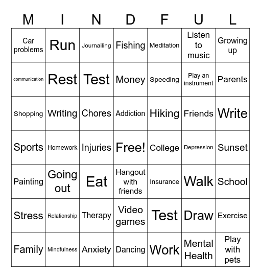 Stress Relieved Bingo Card