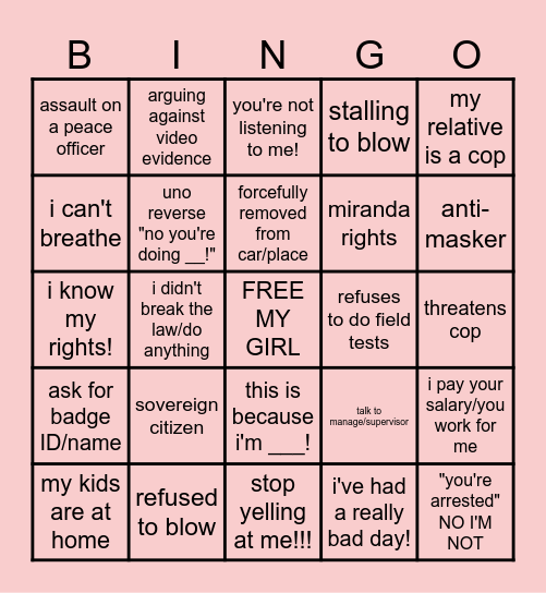 KAREN/BODY CAM BINGO!!! Bingo Card