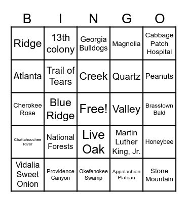 Bingo of Georgia Bingo Card