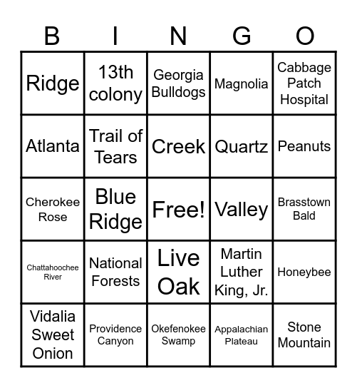 Bingo of Georgia Bingo Card