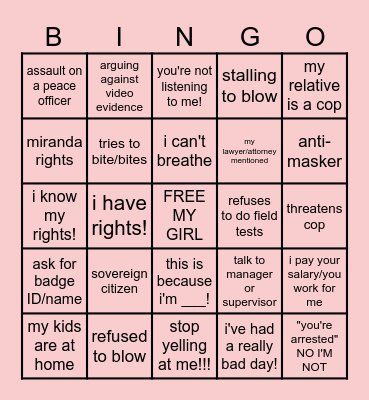 KAREN/BODY CAM BINGO!!! Bingo Card