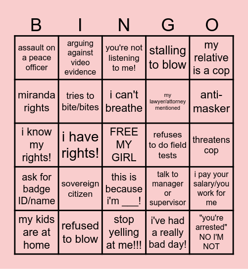 KAREN/BODY CAM BINGO!!! Bingo Card