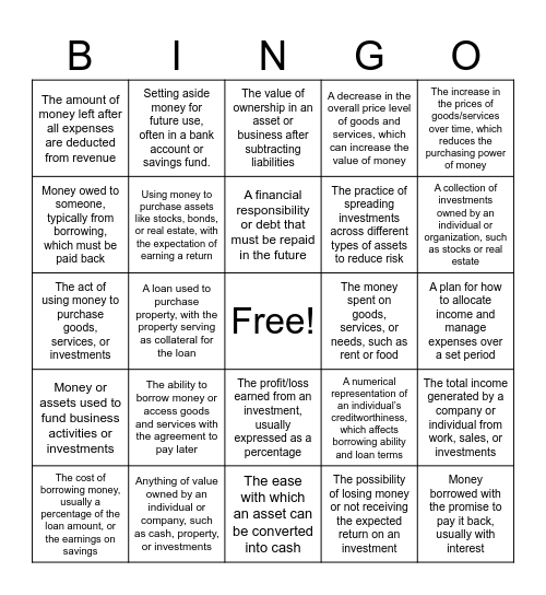 SPROUT Financial Literacy Bingo Card