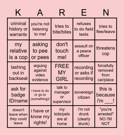 KAREN BINGO!!! Bingo Card