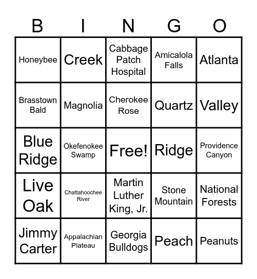 Georgia Christmas BINGO Card