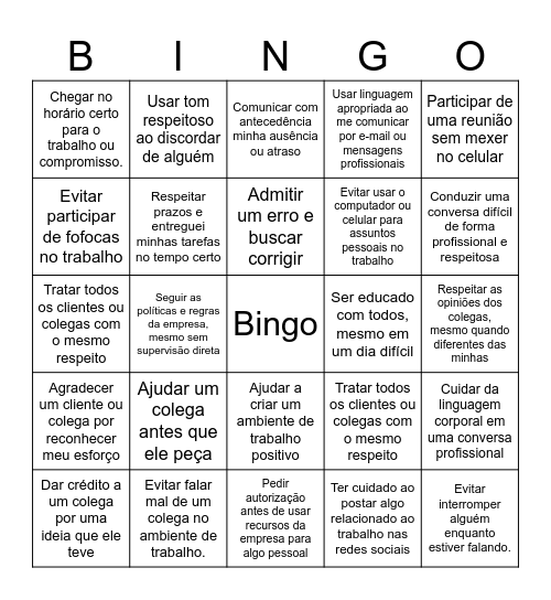 Ética Profissional e Etiqueta Empresarial Bingo Card