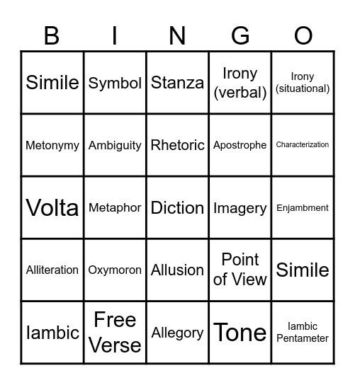 Literary Term Bingo Card