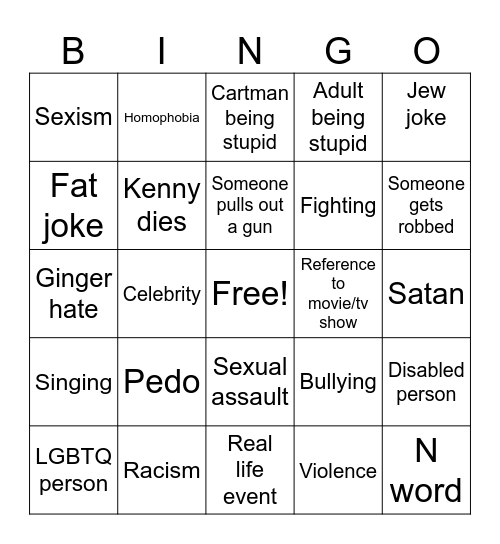 South Park Bingo Card