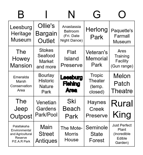 Leesburg "Things to Do" Bingo Card