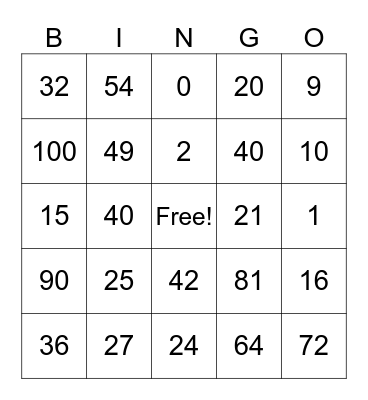 Multiplication Bingo Card