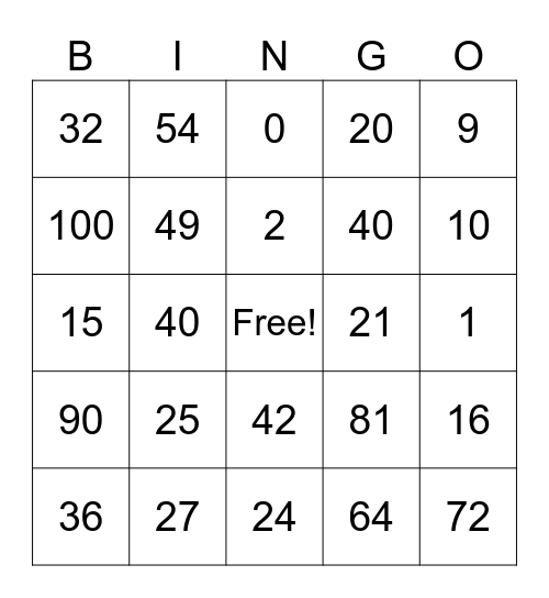 Multiplication Bingo Card