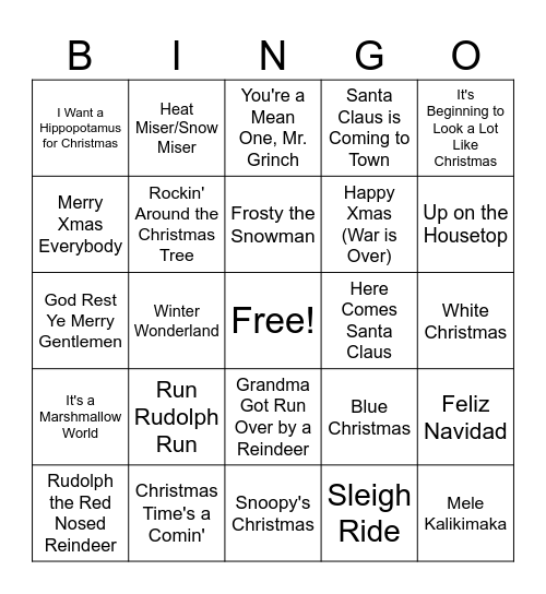 Christmas Carol Bingo Card