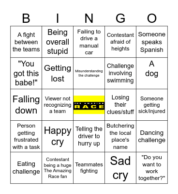 The Amazing Race bingo Card