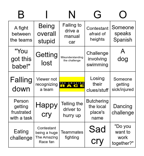 The Amazing Race bingo Card