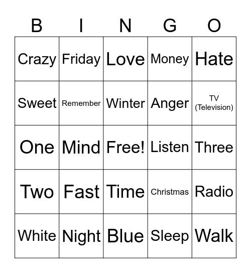 Lyric BINGO Card