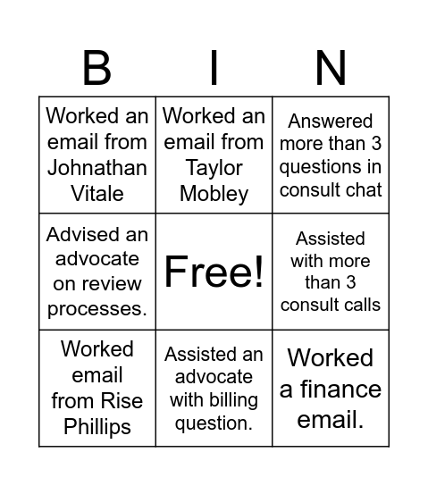 Consult/Senior Advocate Bingo Card