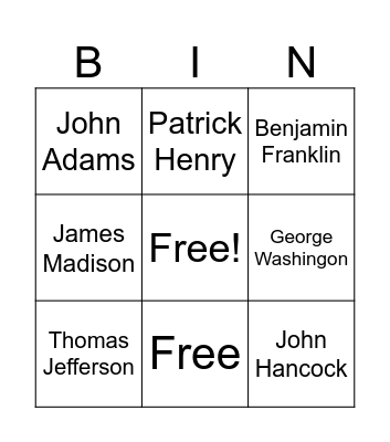 Founding Fathers Bingo Card