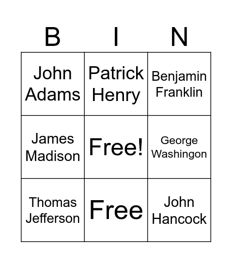 Founding Fathers Bingo Card