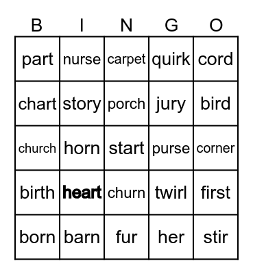 R Controlled Words Bingo Card