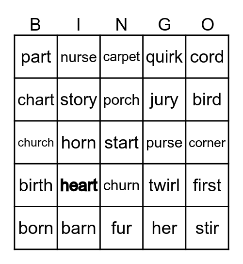 R Controlled Words Bingo Card