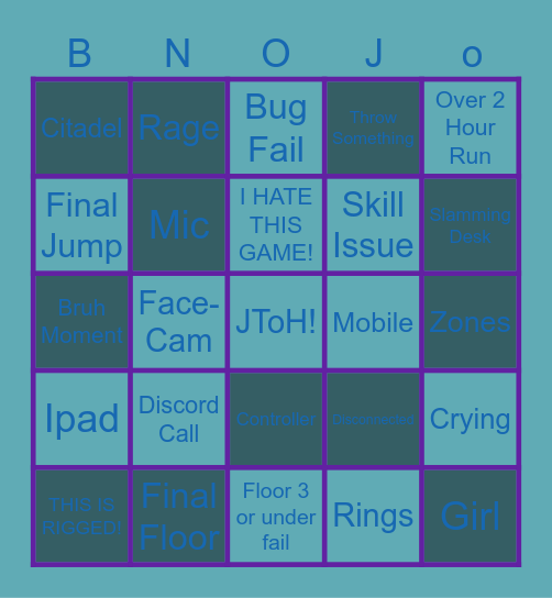 JToH Rage Fall Bingo Card