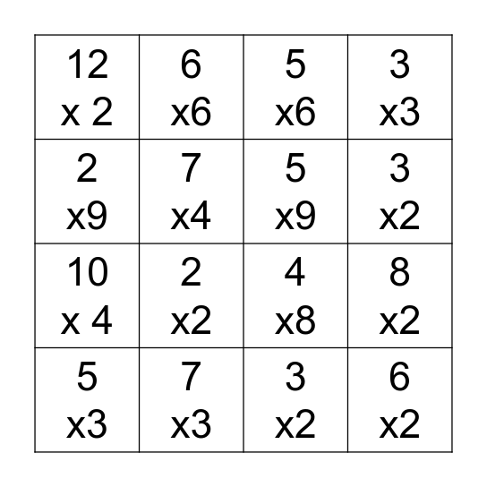 Multiplication Bingo Card