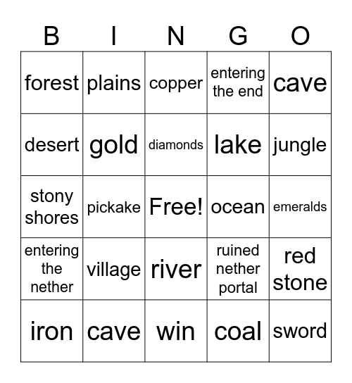 Minecraft bingo Card