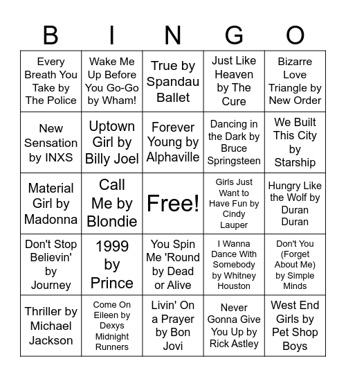 80's Music BINGO Card
