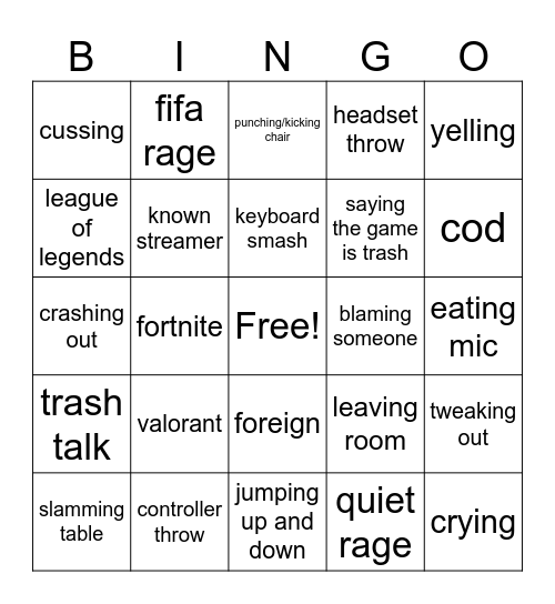 gamer rage Bingo Card