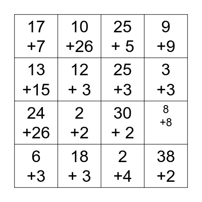 Addition Bingo Card