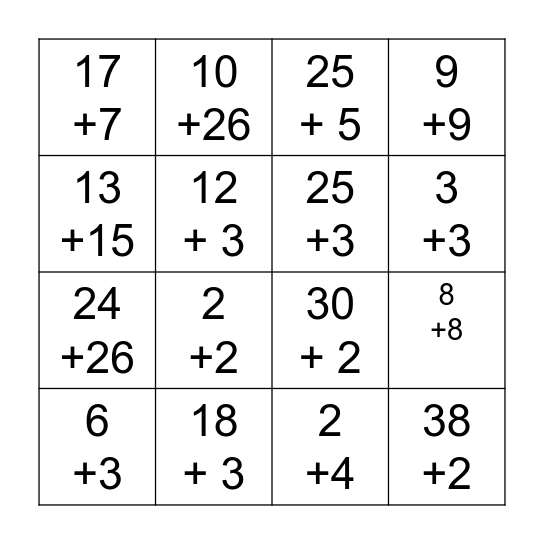 Addition Bingo Card