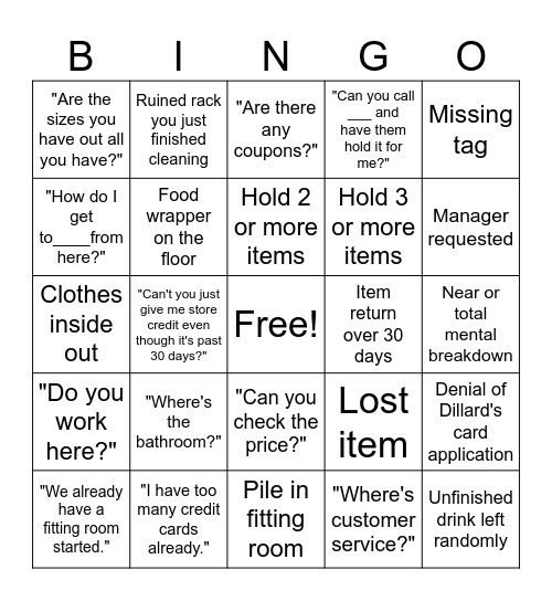 Retail Bingo Card