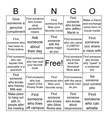 Club Unity Bingo Card