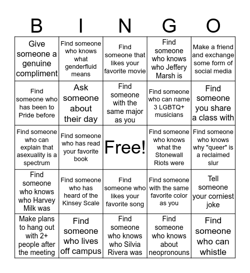 Club Unity Bingo Card