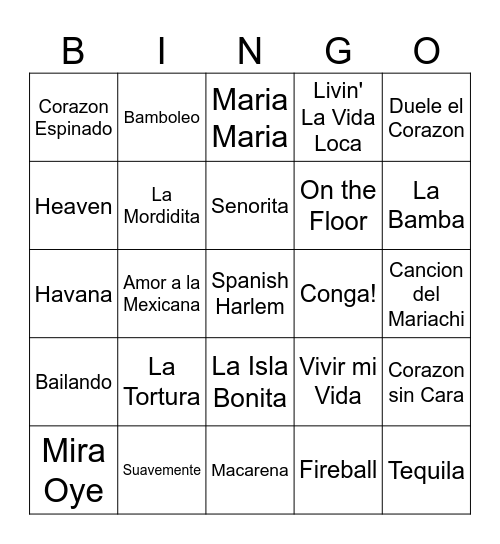 Latin Music Bingo - SONG TITLES Bingo Card