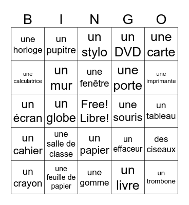 French Classroom Objects Bingo Card